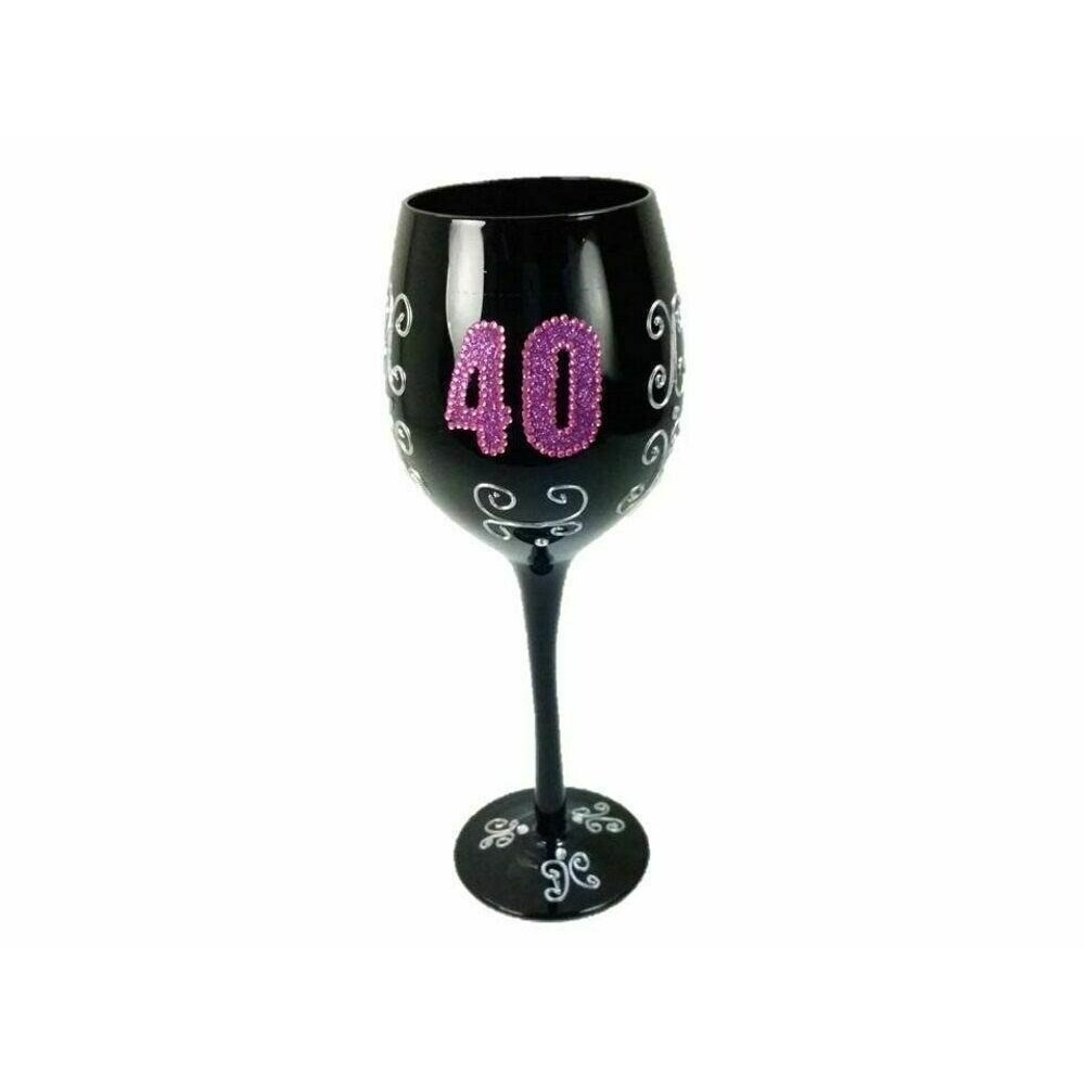 40th Birthday Wine Glass Pink Black Blingy Embellished Rhinestone Party READ